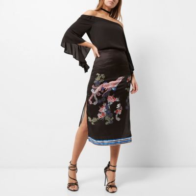 Black oriental print midi skirt